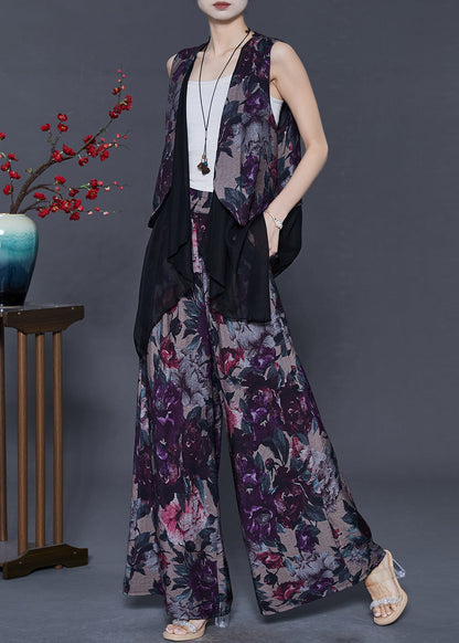 Purple Print Patchwork Linen Two Piece Set Outfits Summer