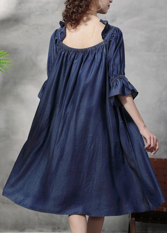Simple Denim Blue Wrinkled Ruffled Embroideried Cotton Silk Dress Lantern Sleeve