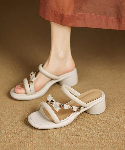Splicing Chunky Black Cowhide Leather Slide Sandals