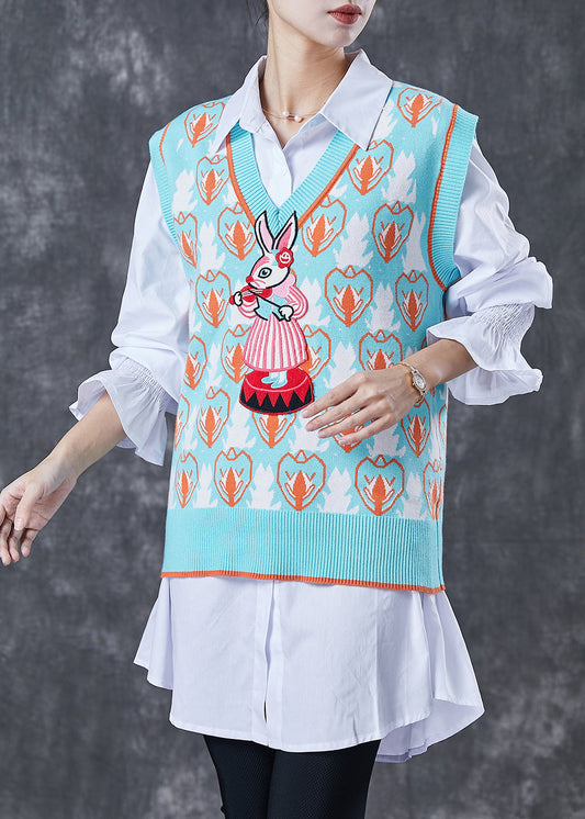 Organic Sky Blue V Neck Print Knit Vest and Shirt Two Pieces Set Spring