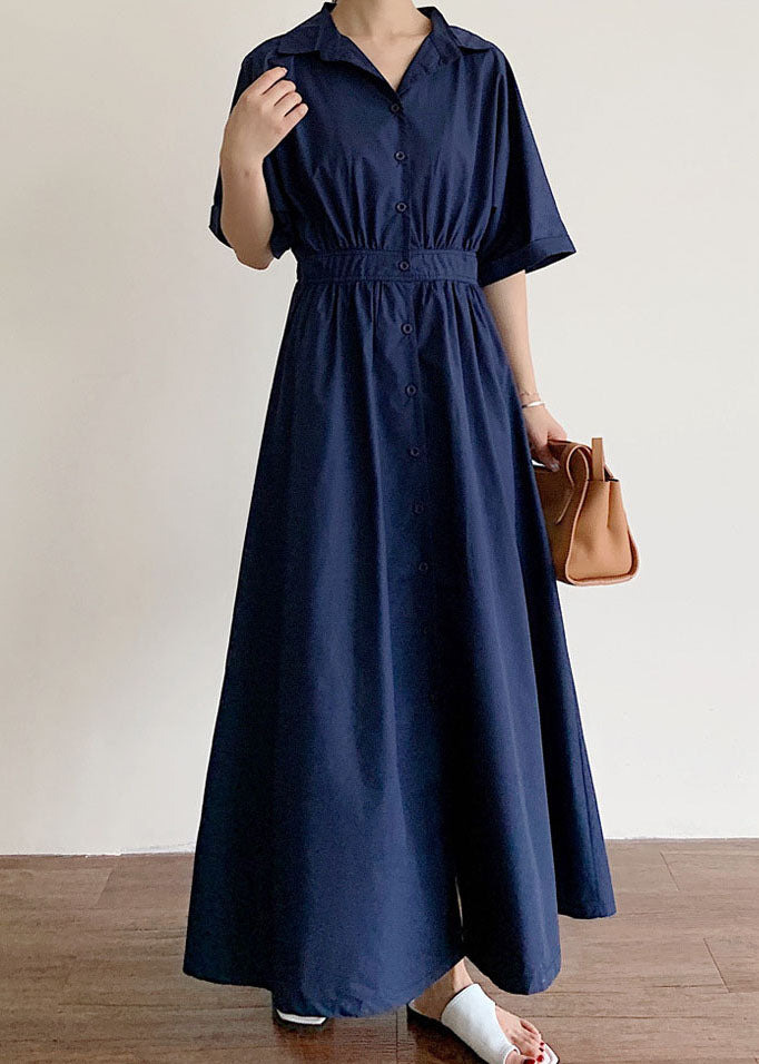 Modern Navy Peter Pan Collar Wrinkled Cotton Dress Half Sleeve