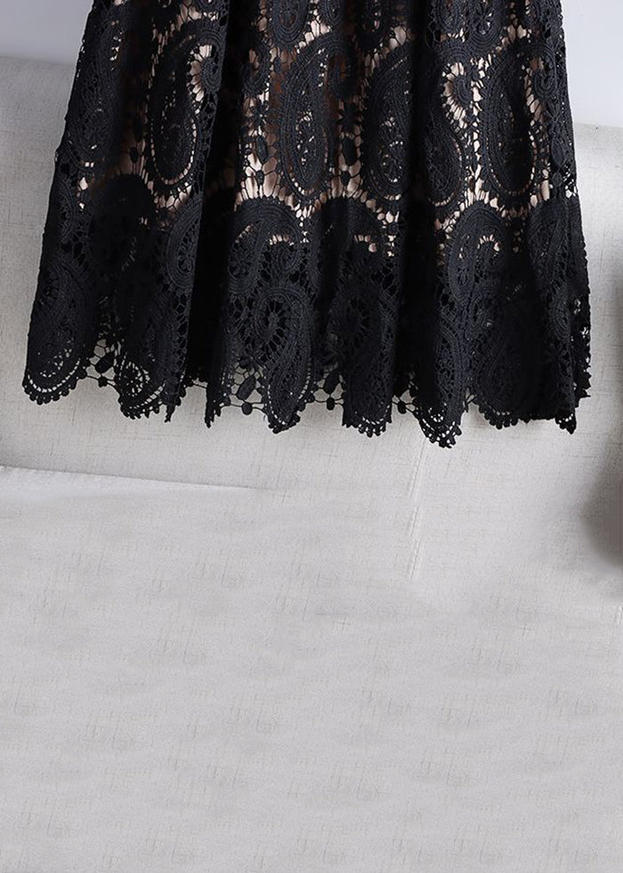 Black Hollow Out Elastic Waist Lace Skirts Spring