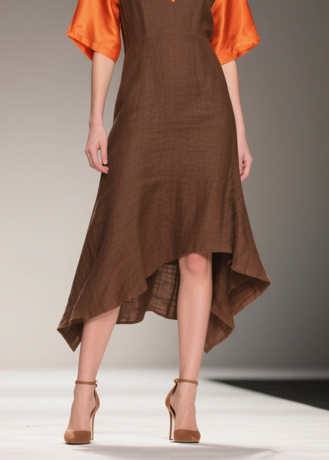Italian V Neck Asymmetrical Patchwork Linen Silk Dresses Summer