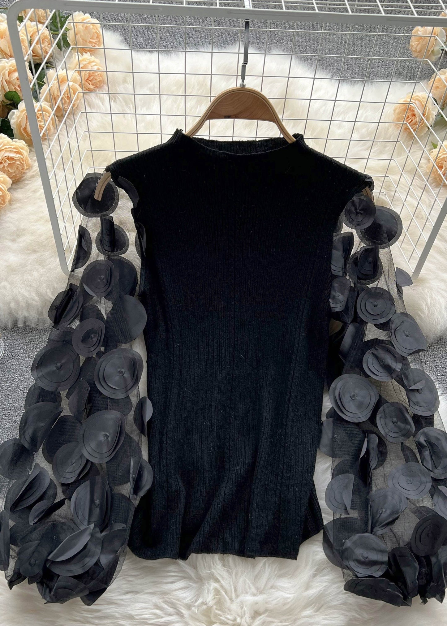 Natural Black O-neck Patchwork Tulle Top Puff Sleeve