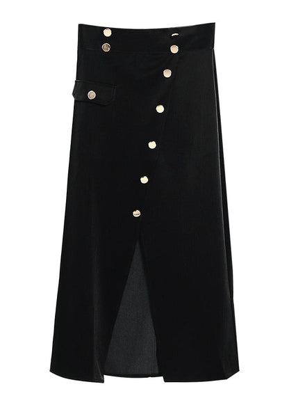 Black Asymmetrical Button Corduroy Skirt Spring