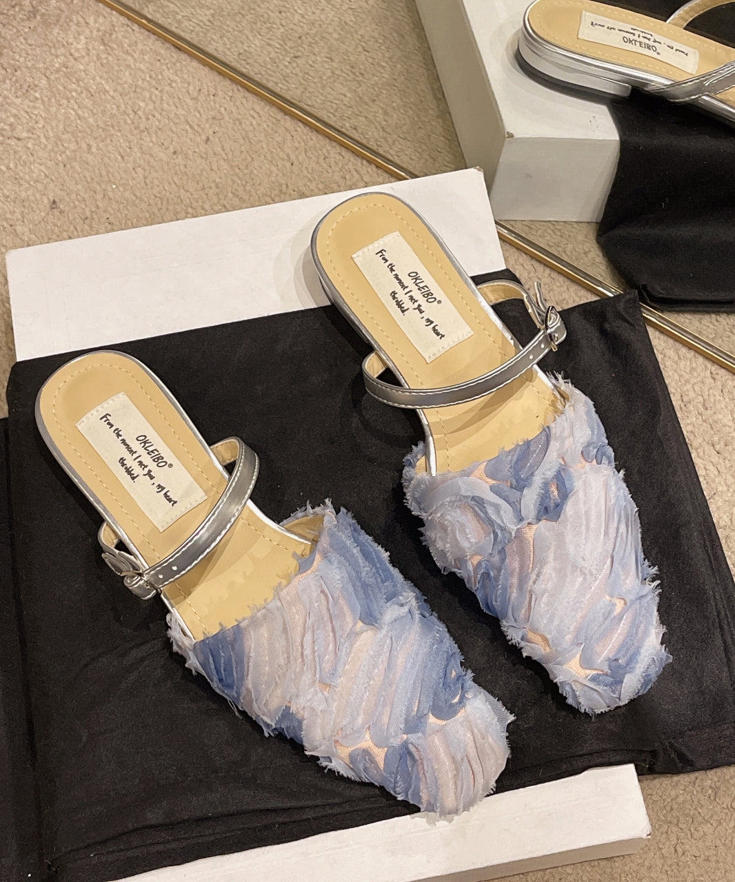 Splicing Blue Cotton Fabric Buckle Strap Slide Sandals