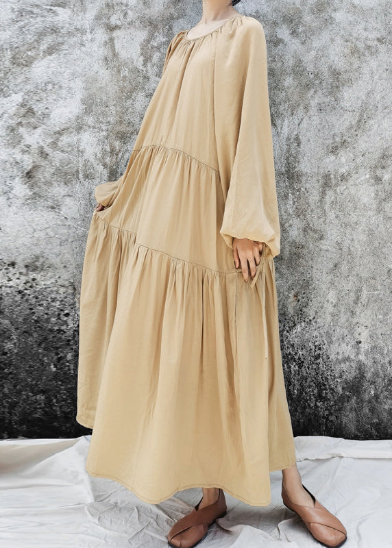 Khaki O-neck Patchwork Lazy Long Dresses Long Sleeve
