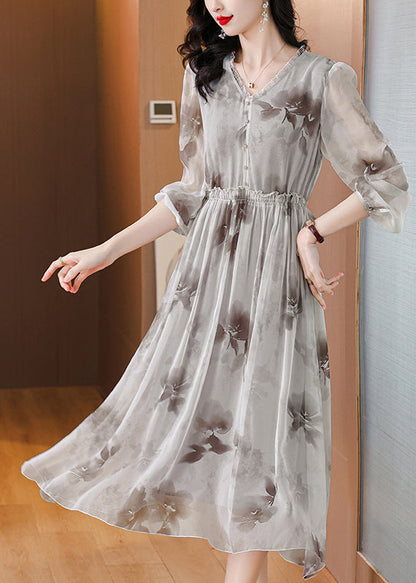 V Neck Print Ruffled Silk Chiffon Dresses Lantern Sleeve
