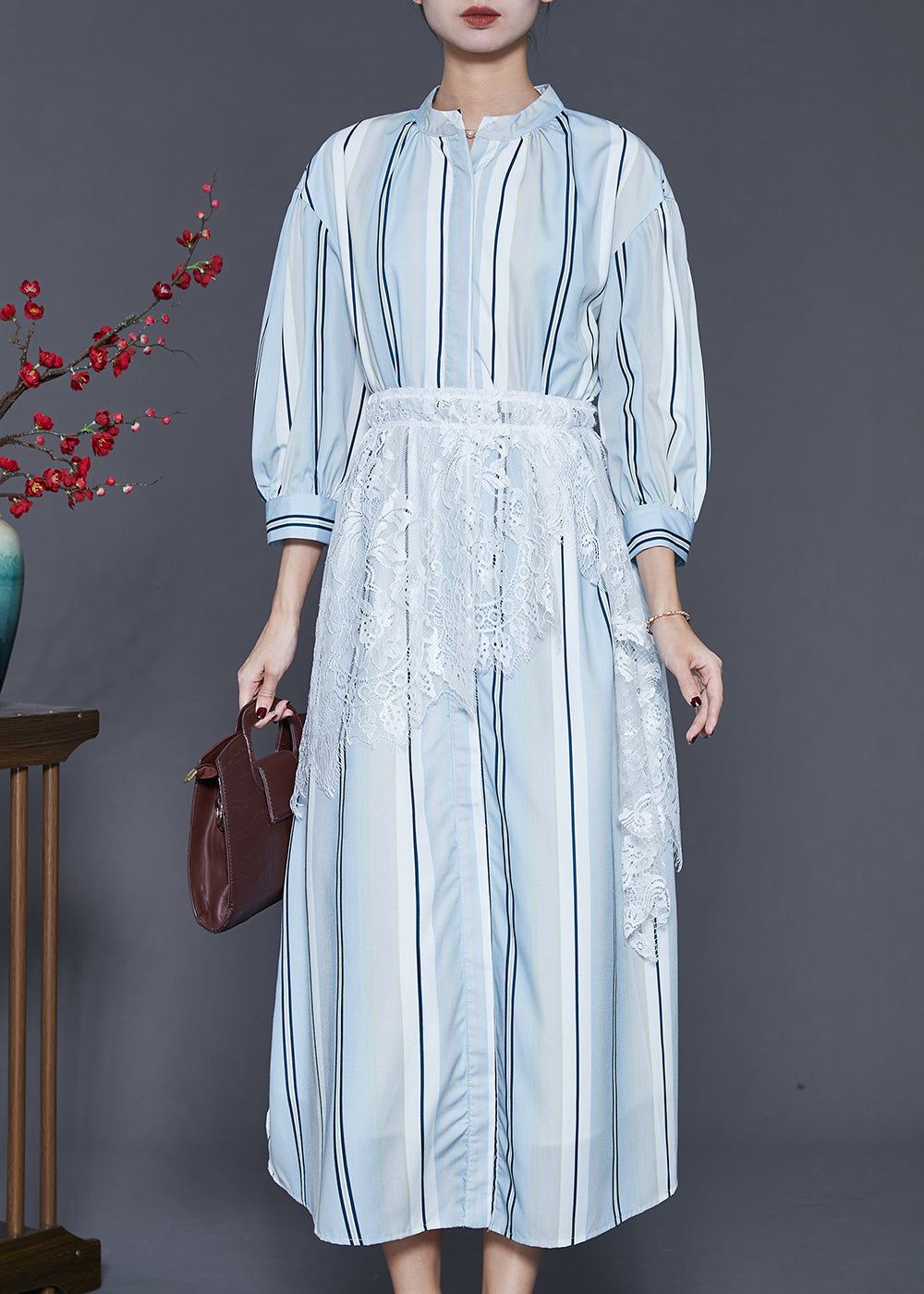 Light Blue Striped Patchwork Lace Cotton Dresses Spring