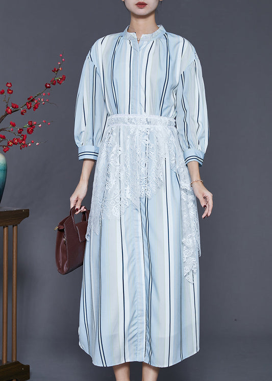 Light Blue Striped Patchwork Lace Cotton Dresses Spring