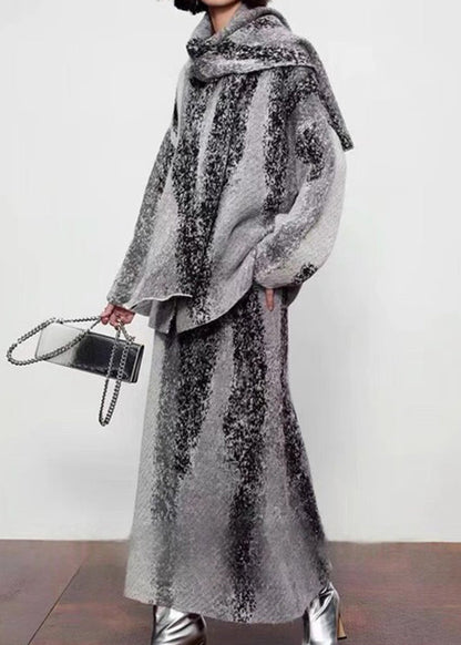 Natural Grey Print Wool Cardigan ,scarf and Maxi Skirts Three Piece Set Spring