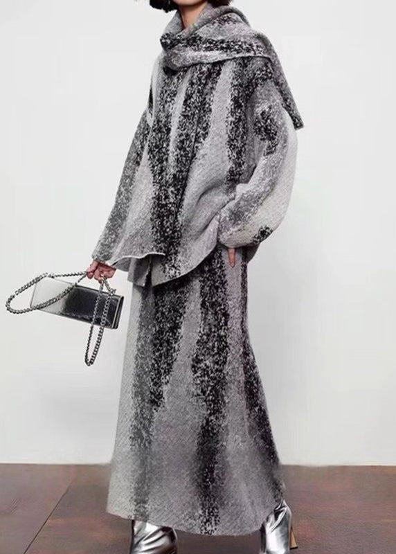 Natural Grey Print Wool Cardigan ,scarf and Maxi Skirts Three Piece Set Fall
