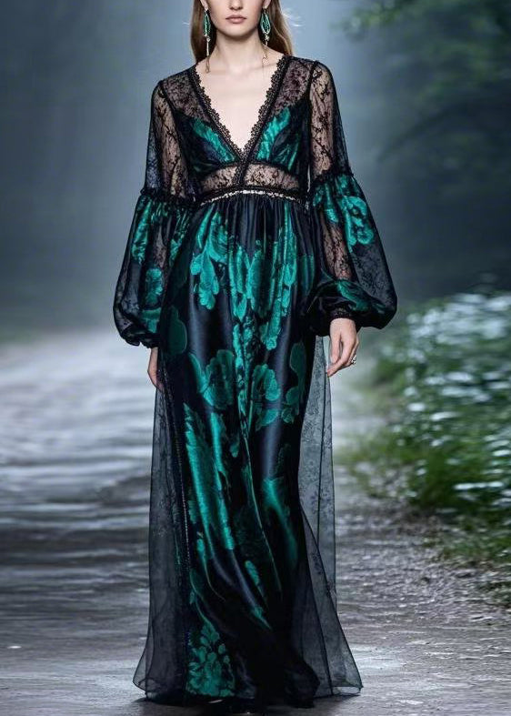 Black Lace Patchwork Silk Long Dresses Spring