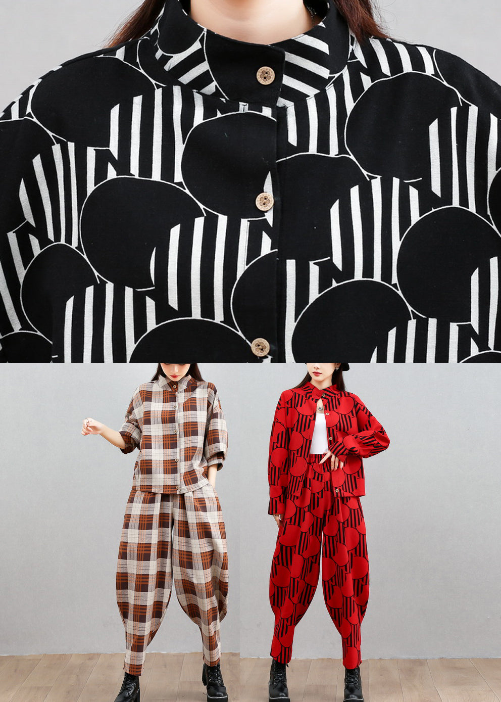 Plaid Button Top and Beam Pants Two Pieces Set Spring