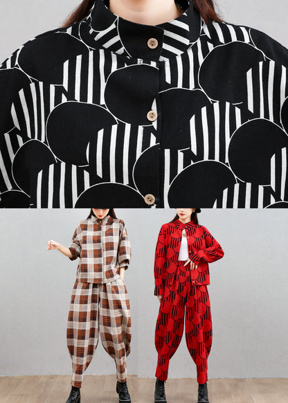 Modern Black Dot Print Top and Beam Pants Two Pieces Set Long Sleeve