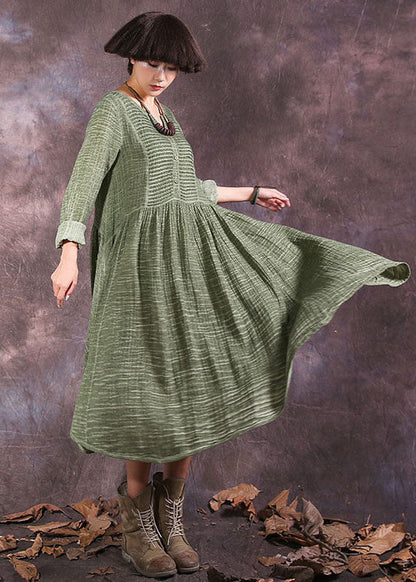 Green Button Patchwork Cotton Dress Spring