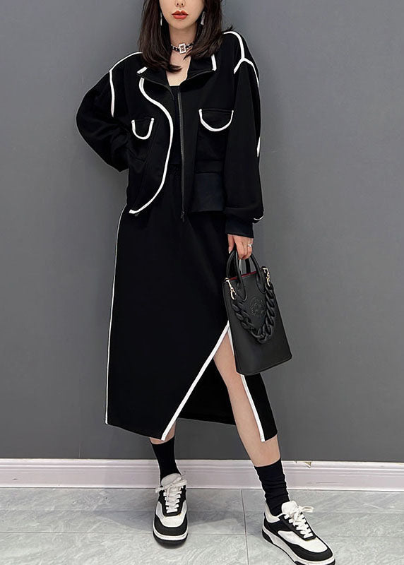 Classy Black Zip Up Side Open Cotton Two-piece Set Fall