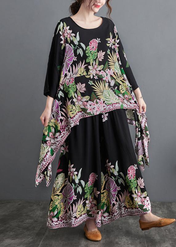 Black Print Suit Spring Large Top Wide Legged Pants Two Pieces