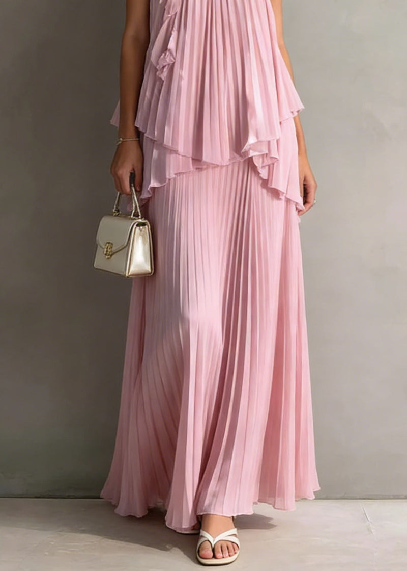 Holiday Style Pink Pleated Top and Skirts Chiffon Two Pieces Set Summer