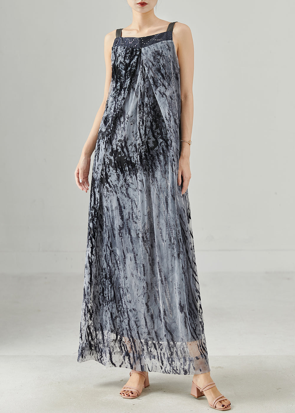 Diy Grey Print Chiffon Spaghetti Strap Dress Summer
