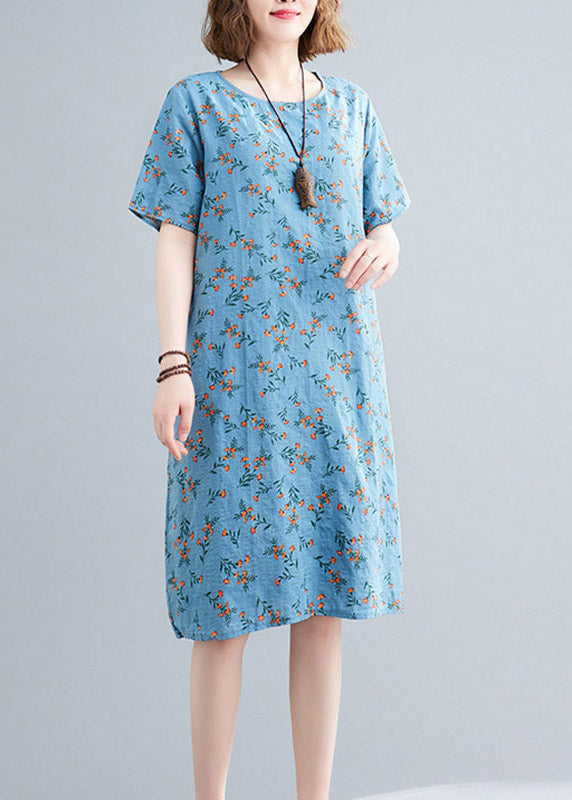 Loose Flower Number Two O-neck Print Linen Mid Dress Short Sleeve