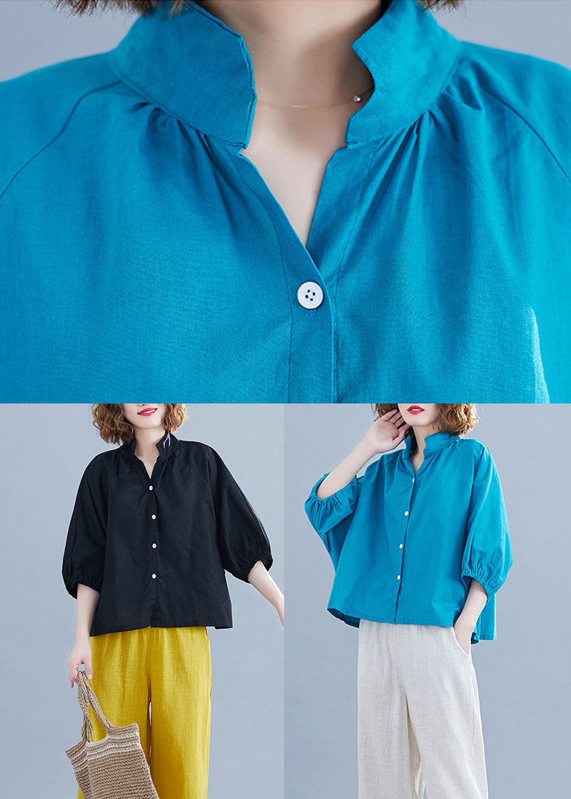 Black Stand Collar Button Cotton Shirt Half Sleeve