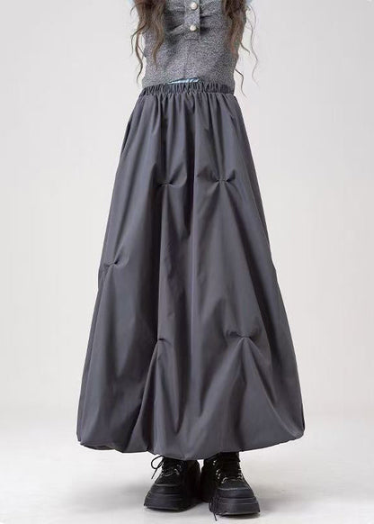 Grey Wrinkled Elastic Waist Cotton Skirts Fall