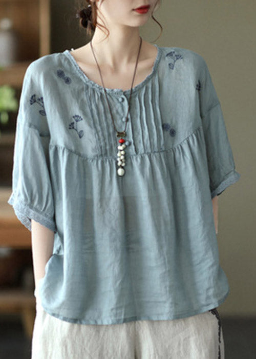 Light Blue Grey Button Linen Tops Half Sleeve