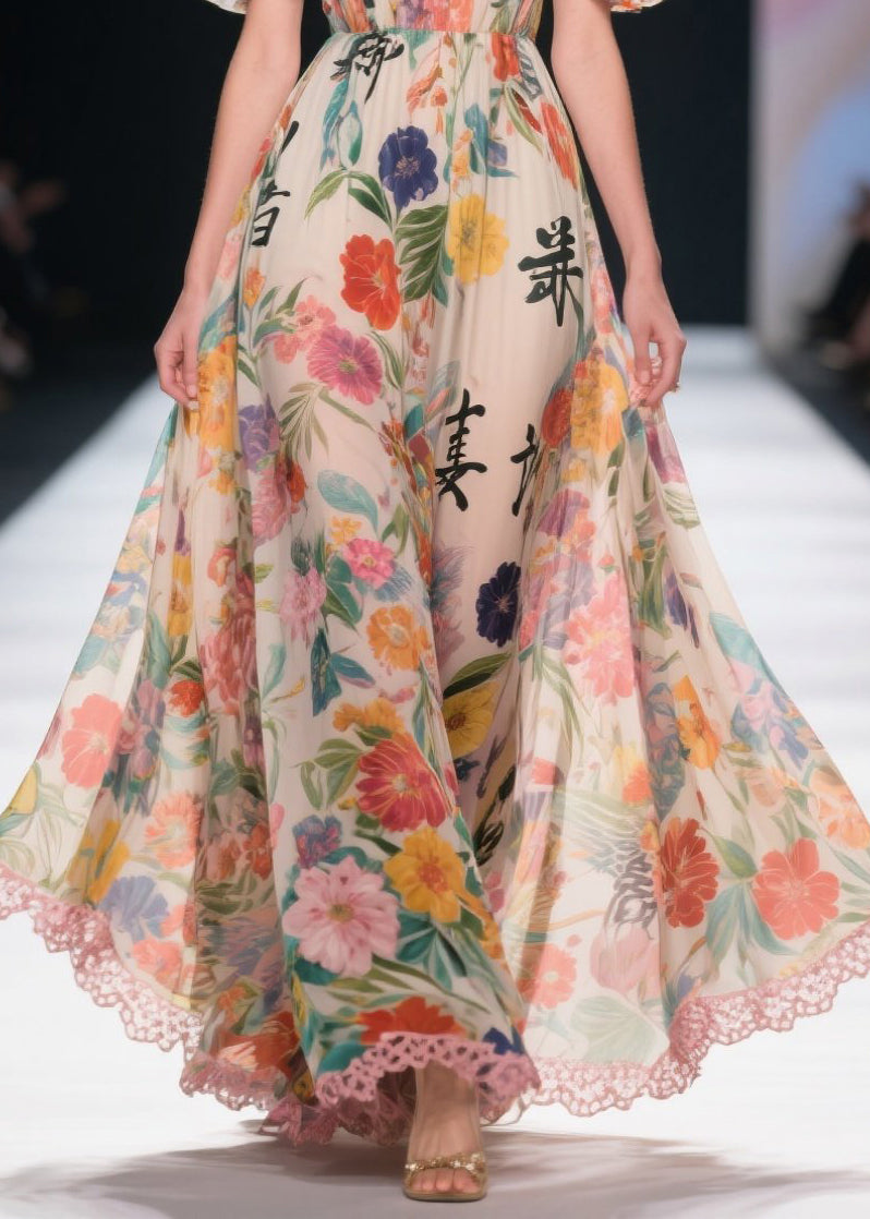 Khaki Cold Shoulder Print Chiffon Beach Dresses Summer