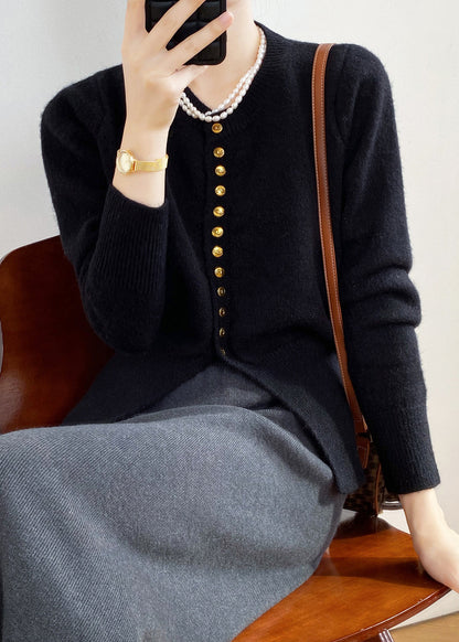 Black O Neck Button Fitted Knit Cardigan Fall