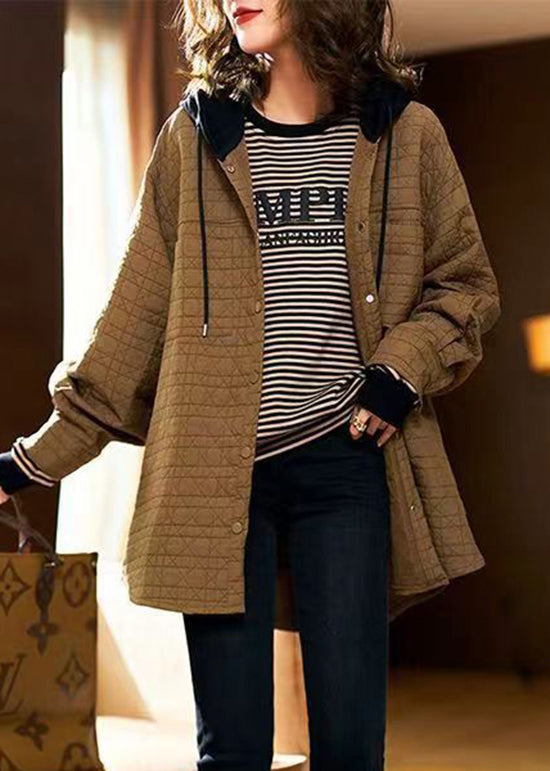 Khaki Hooded Pockets Patchwork Fine Cotton Filled Coats Winter