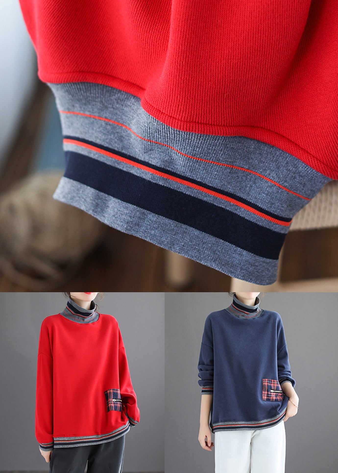 Red Striped Patchwork Warm Fleece Tops Fall