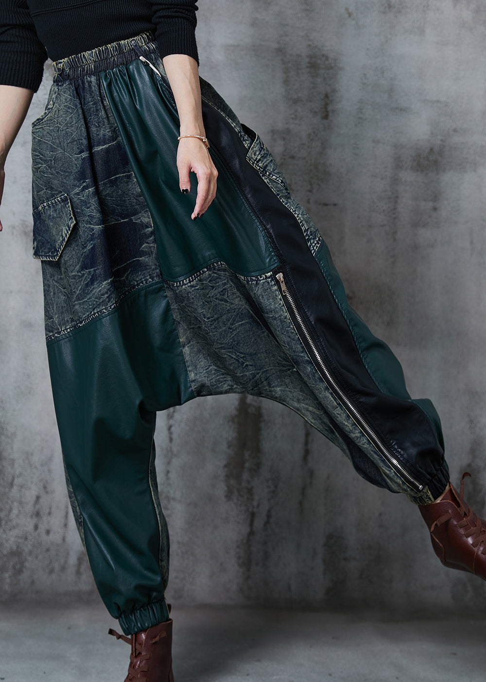 Colorblock Asymmetrical Patchwork Denim Harem Pants Fall