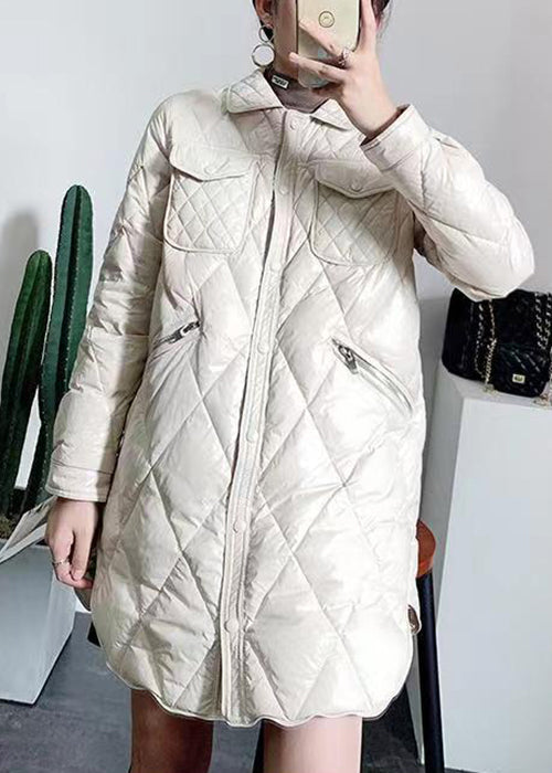 Beige Peter Pan Collar Pockets Patchwork Duck Down Coat Winter