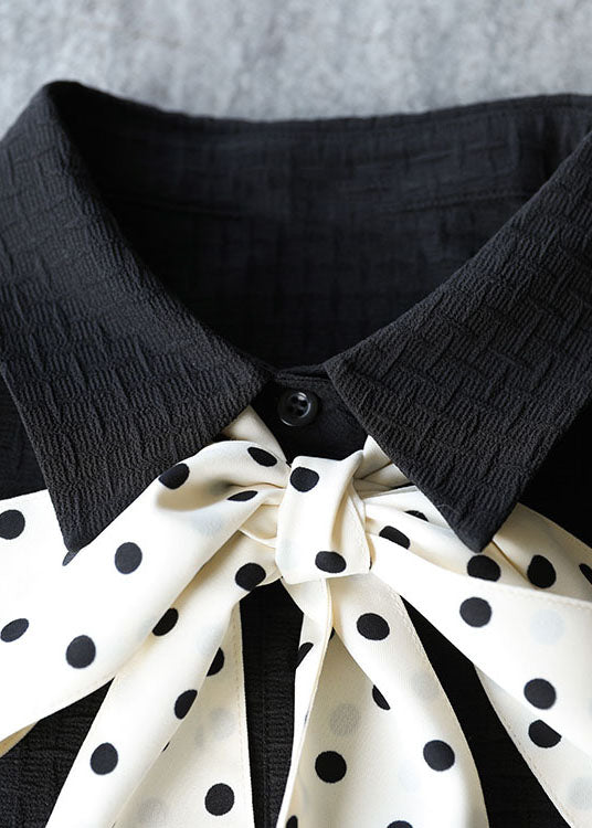 Black Peter Pan Collar Patchwork Plaid Bow Necktie Cotton Pleated Dress Long Sleeve