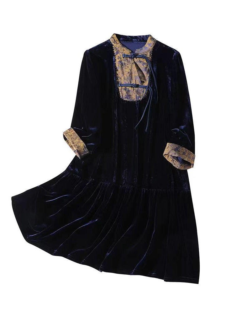 Purple Stand Collar Tasseled Patchwork Velour Mid Dress Fall