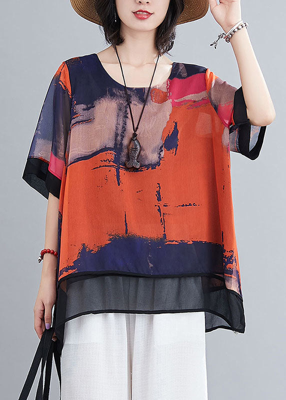 Red O-neck Oversized Tie Dye Chiffon Tanks Short Sleeve