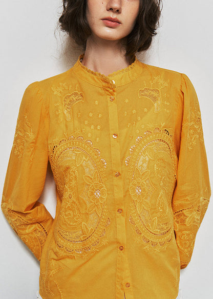 Yellow Embroidered Button Cotton Shirt Tops Fall