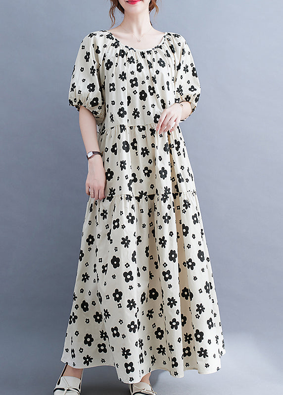 White O-neck Wrinkled Print Beach Dress Short Sleeve