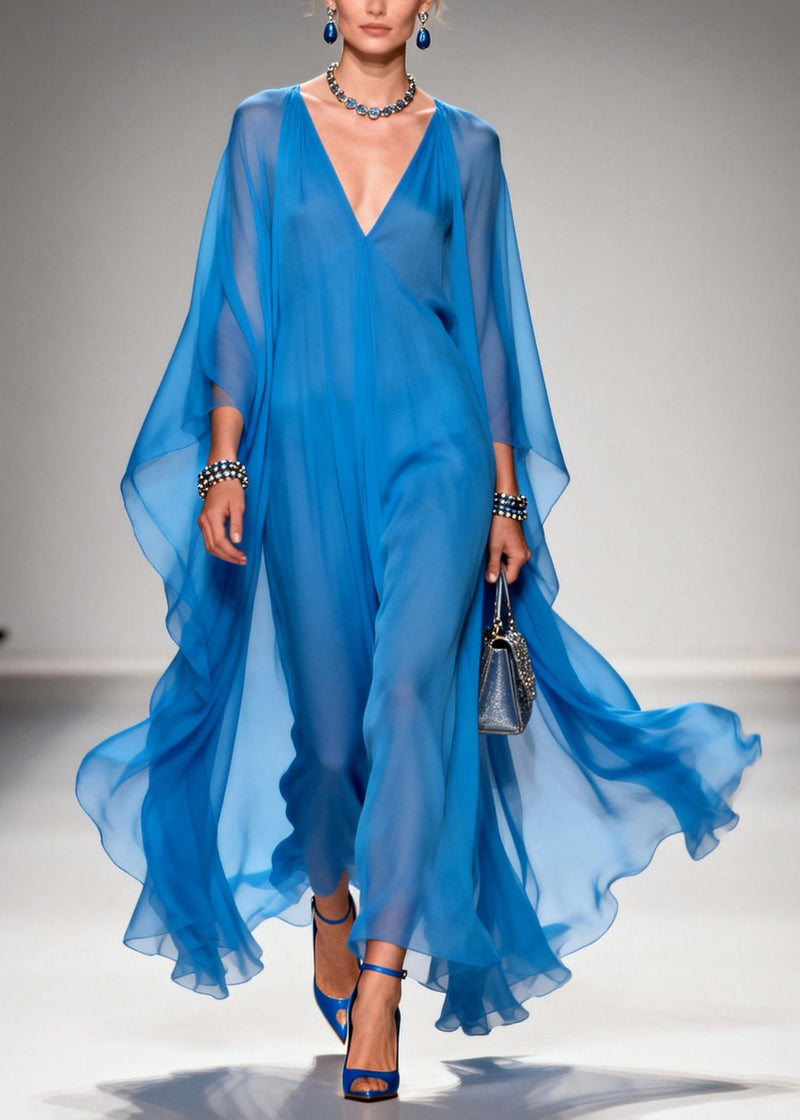 Classy Blue V Neck Draping Chiffon Dresses Summer