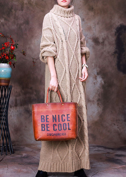 French Khaki Turtle Neck Hollow Out Knit Winter Sweater Dress