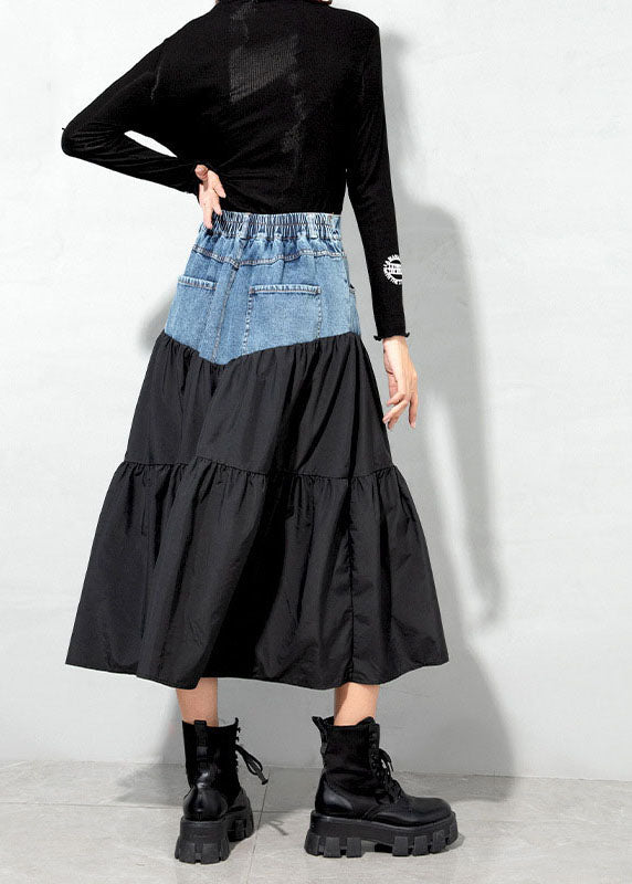 Loose Black Denim Patchwork Skirt Spring