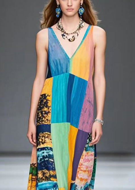 Colorblock V Neck Patchwork Chiffon Robe Dresses Summer