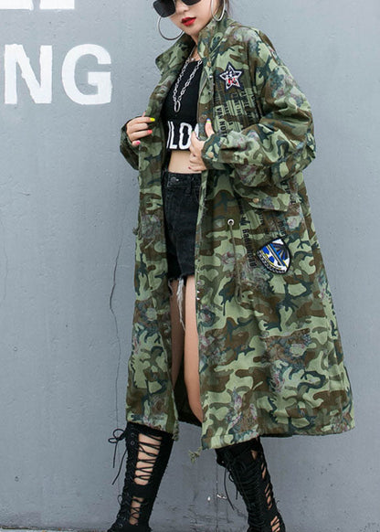 Camouflage Rivet Print Pockets Fall Denim Long Sleeve Trench Coats Coat