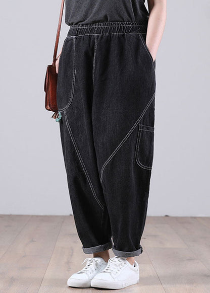 Classy Black Elastic Waist Pockets Harem Fall Patchwork Pants