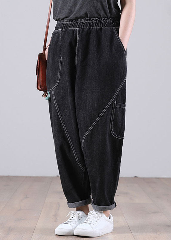Classy Black Elastic Waist Pockets Harem Fall Patchwork Pants