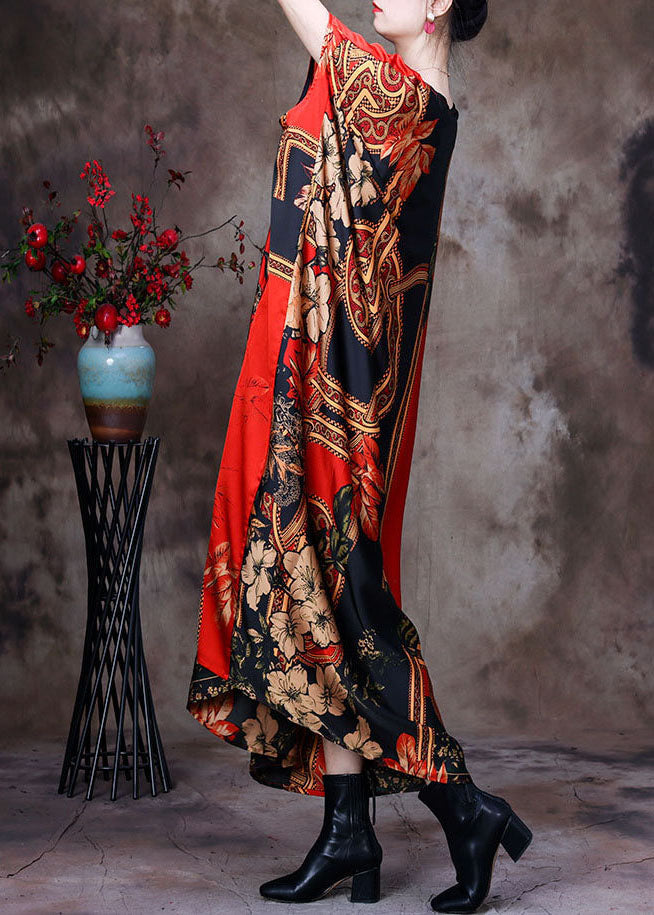 Classy Red O-neck Print Silk Loose Long Dresses Gown Batwing Sleeve