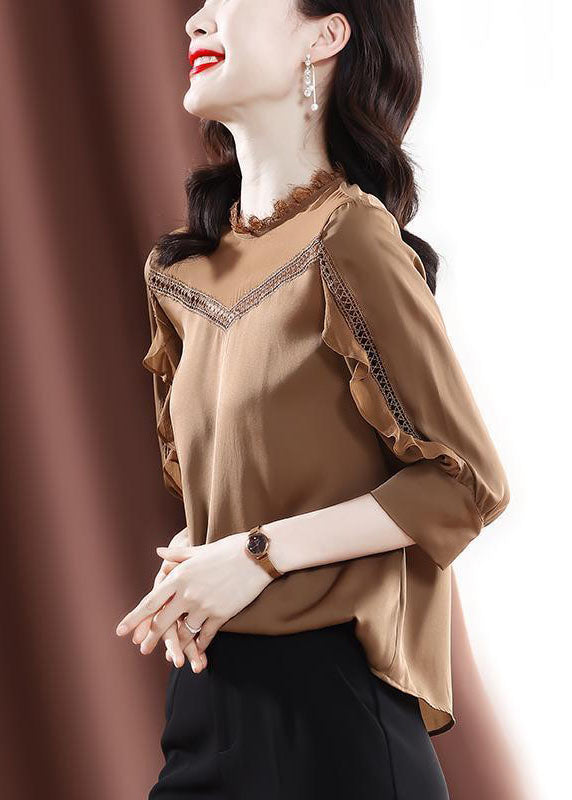 Khaki Ruffles Patchwork Hollow Out Chiffon Shirt Tops Bracelet Sleeve