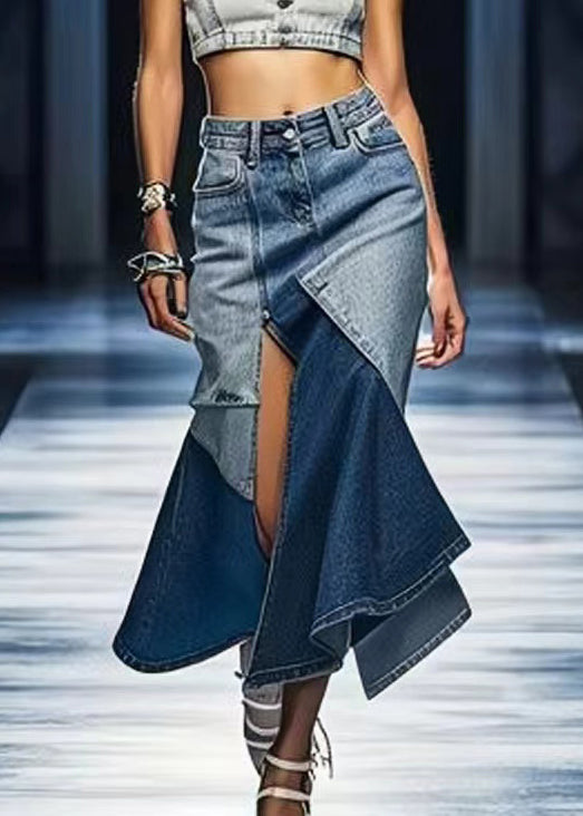 Blue Side Open Patchwork Denim Skirt Summer