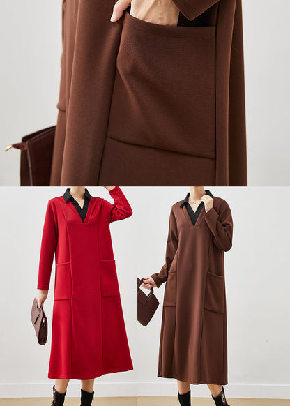 Red V Neck Patchwork Cotton Holiday Dresses Spring